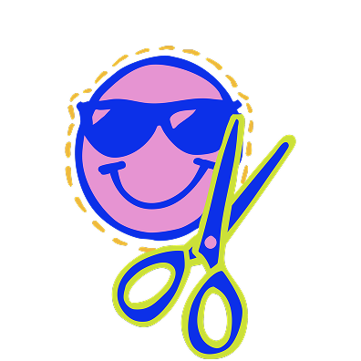 Smiley face with sunglasses and scissors on a white background