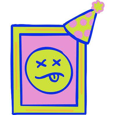Colorful illustration of a smiley face with crossed eyes inside a frame, wearing a party hat.