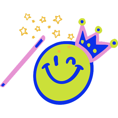 Smiley face with a crown, wand, and stars on a white background