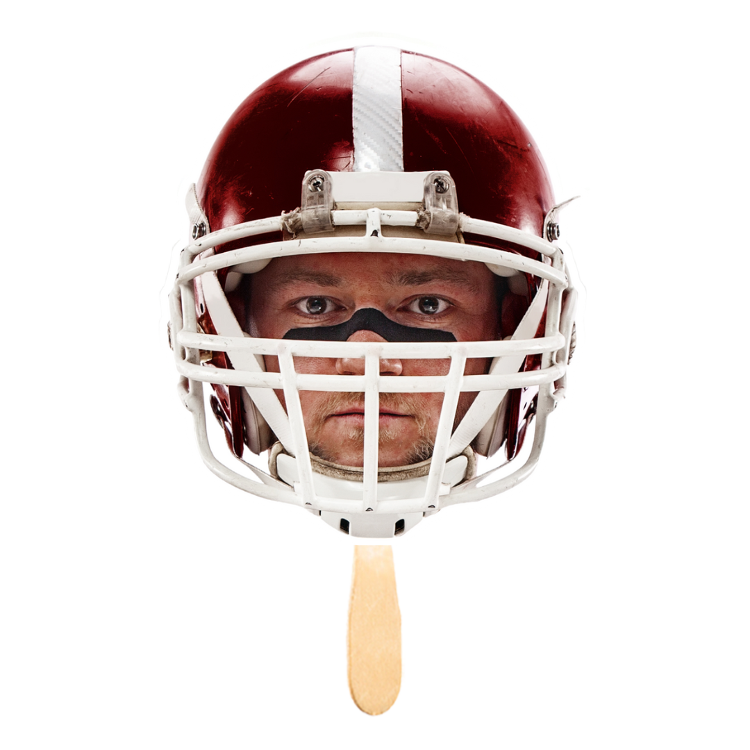 Person wearing a football helmet on a popsicle stick on a transparent background