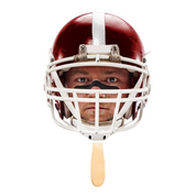 Person wearing a football helmet on a popsicle stick on a transparent background