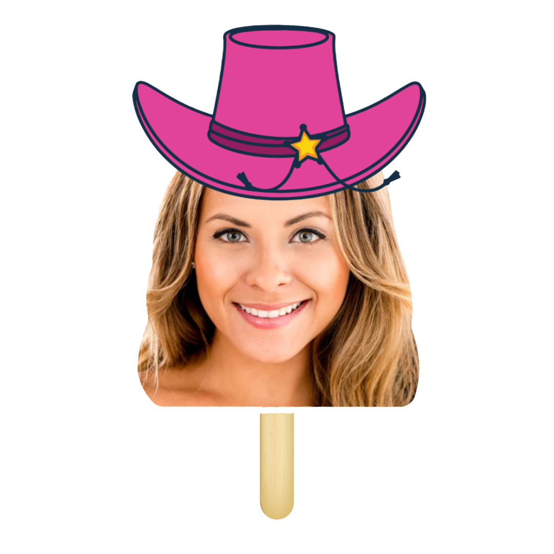 Cardboard cutout of a woman wearing a pink cowboy hat with a yellow star on a transparent background