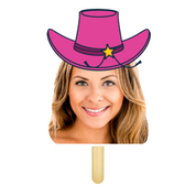 Cardboard cutout of a woman wearing a pink cowboy hat with a yellow star on a transparent background