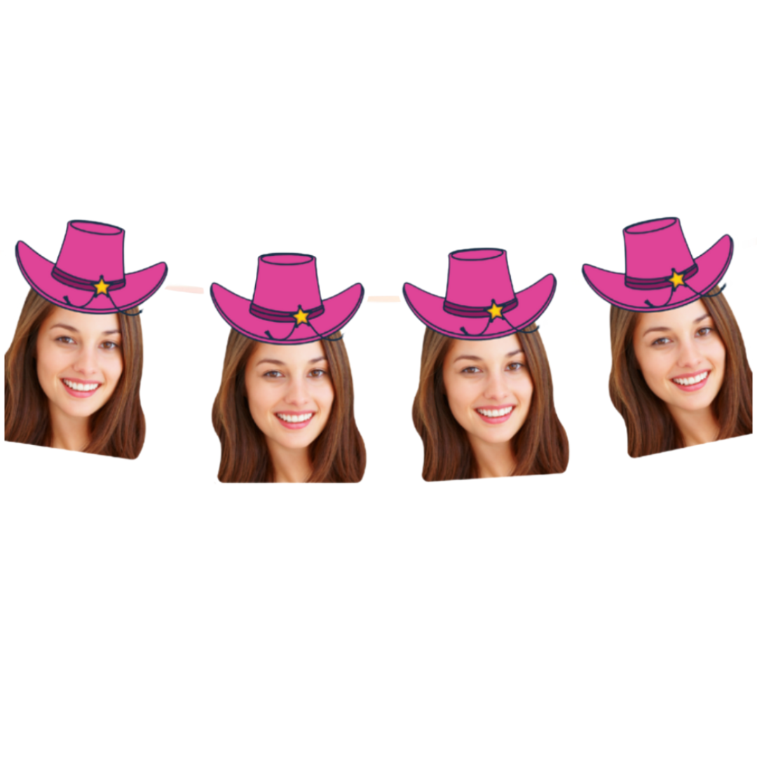 Four heads wearing pink cowboy hats on a banner with yellow stars on a transparent background