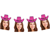 Four heads wearing pink cowboy hats on a banner with yellow stars on a transparent background