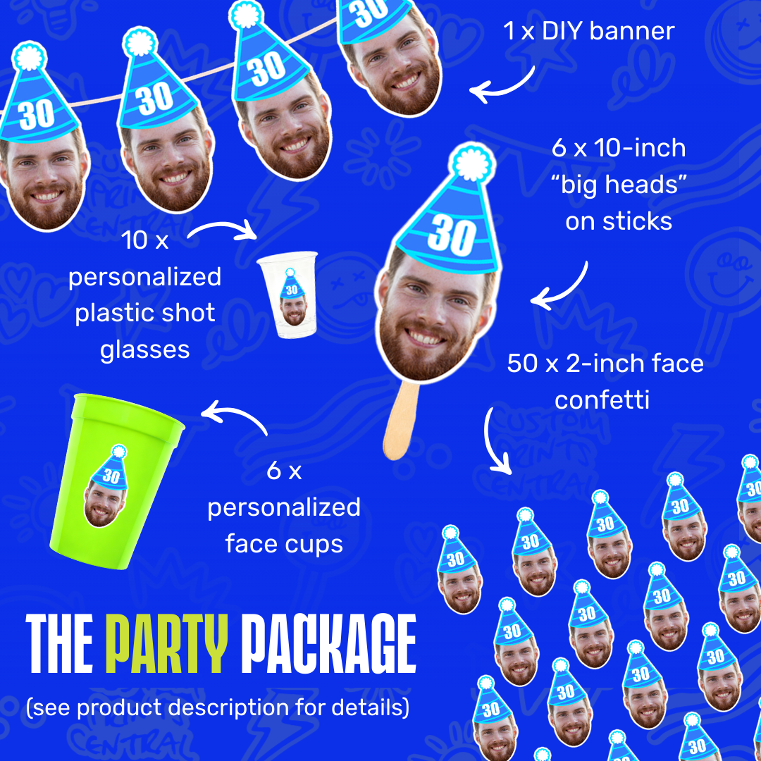 Party package with personalized items on a blue background