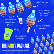 Party package with personalized items on a blue background