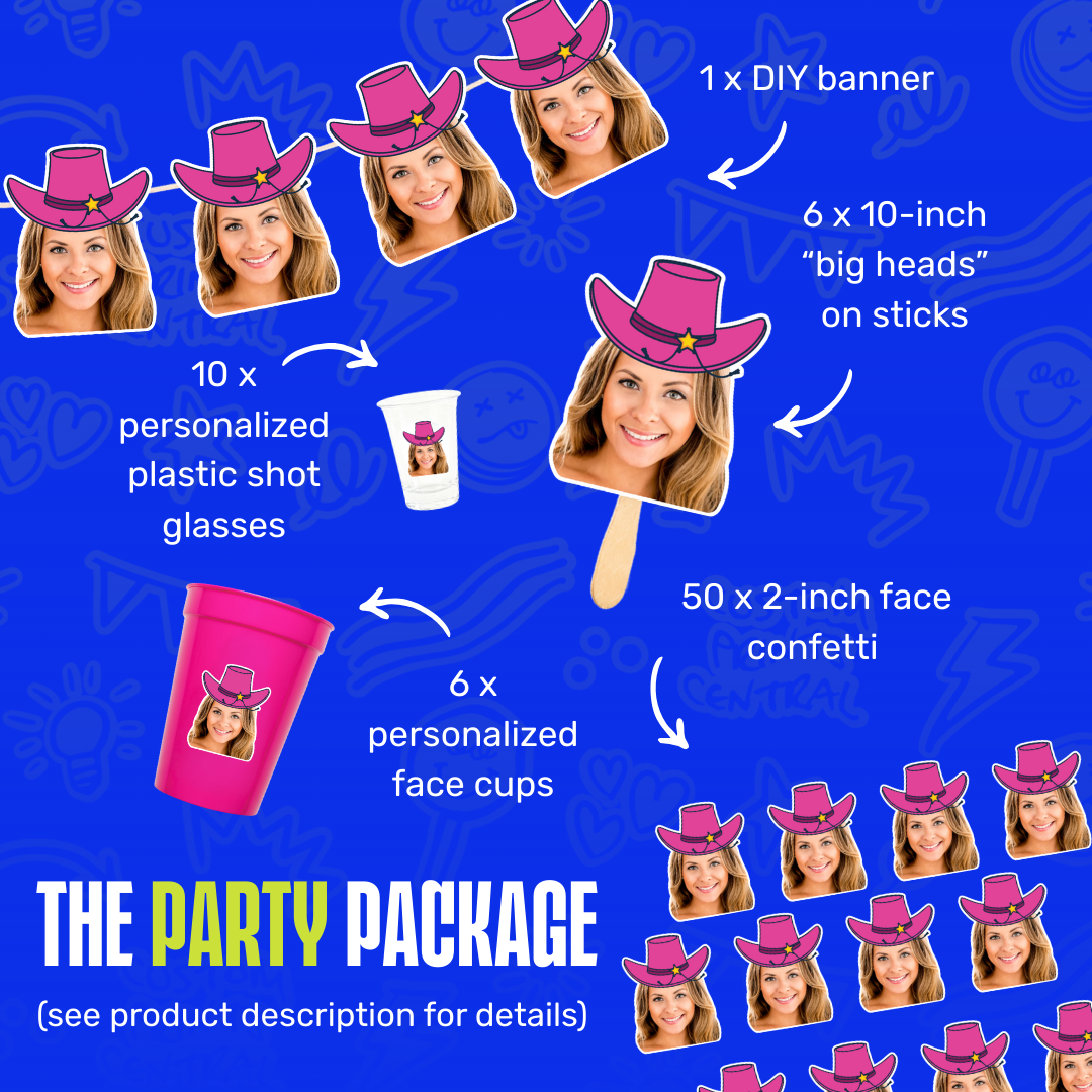 Bachelorette themed party package with personalized items including face confetti, shot glasses, and banners on a blue background.
