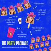 Bachelorette themed party package with personalized items including face confetti, shot glasses, and banners on a blue background.