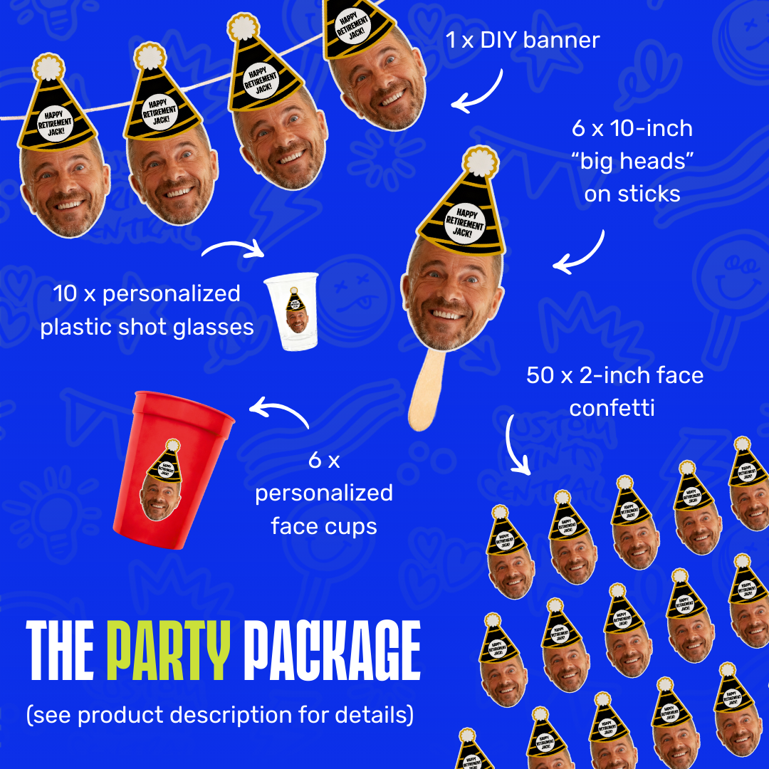 Party package with personalized items on a blue background