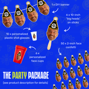 Party package with personalized items on a blue background