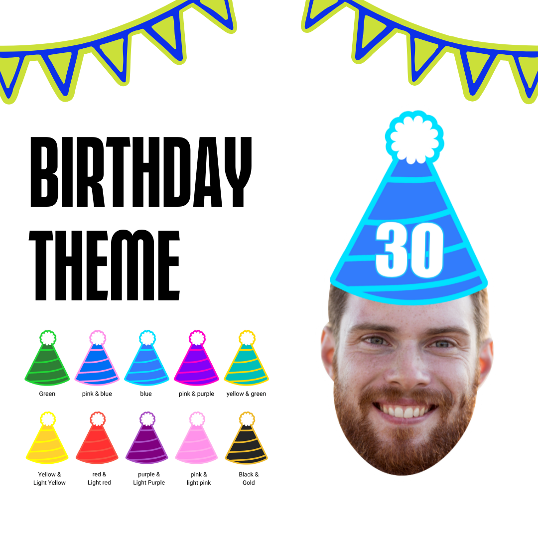Birthday theme poster with a man wearing a blue party hat labeled '30' and color options for hats.
