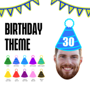 Birthday theme poster with a man wearing a blue party hat labeled '30' and color options for hats.