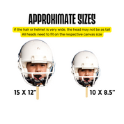 Two children wearing white helmets with text indicating approximate sizes on a white background.