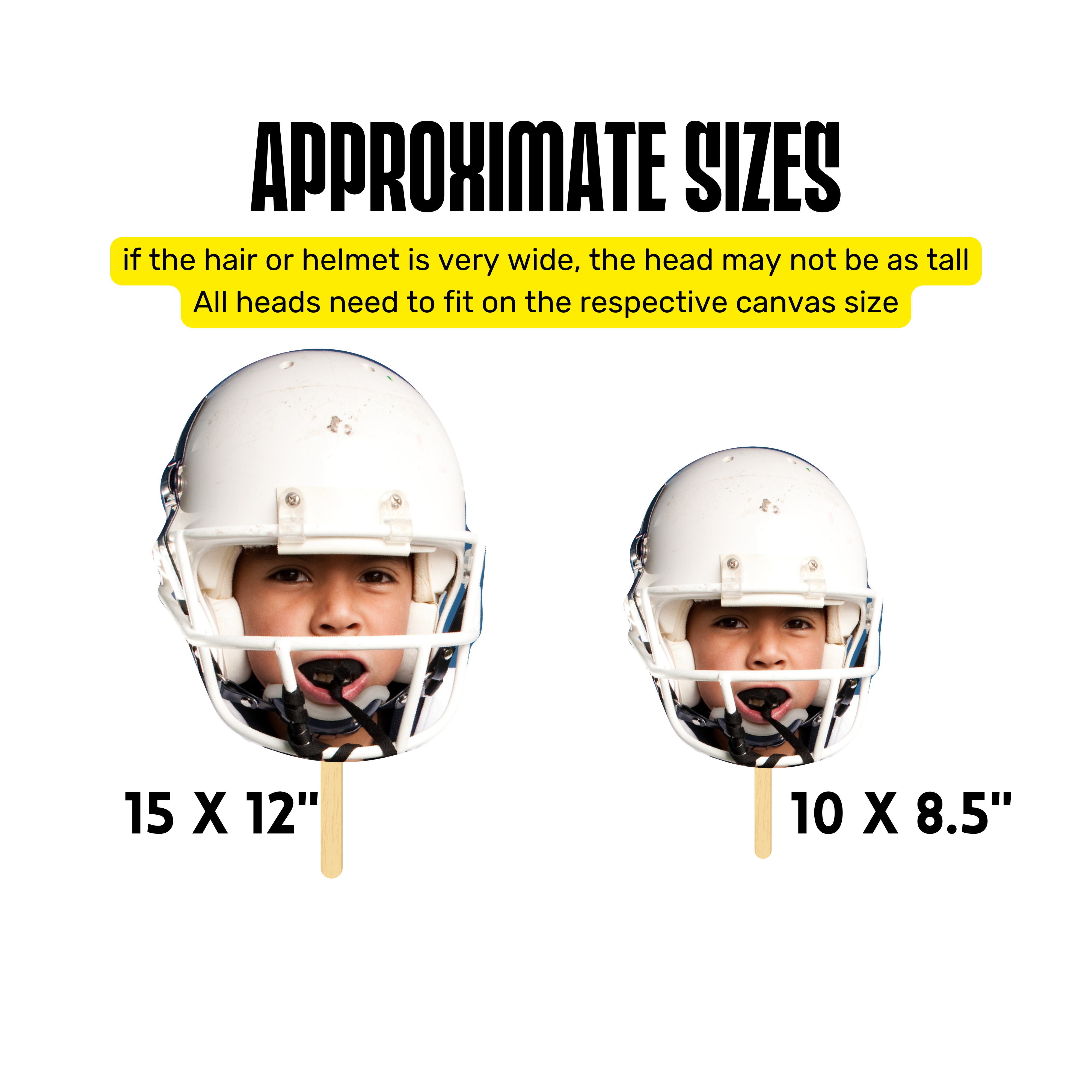 Two children wearing white helmets with text indicating approximate sizes on a white background.