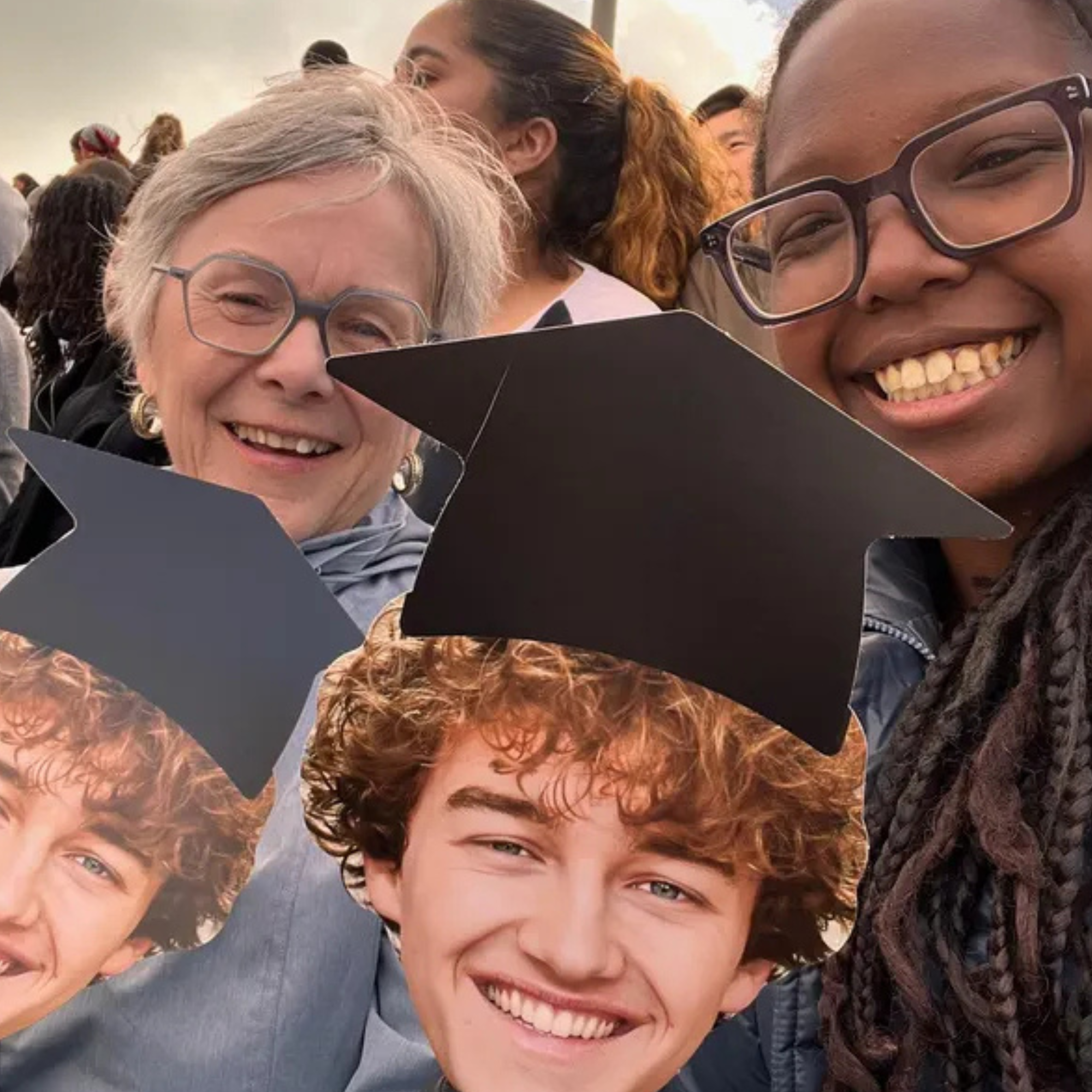 People with graduation caps and a smiling young man's face.