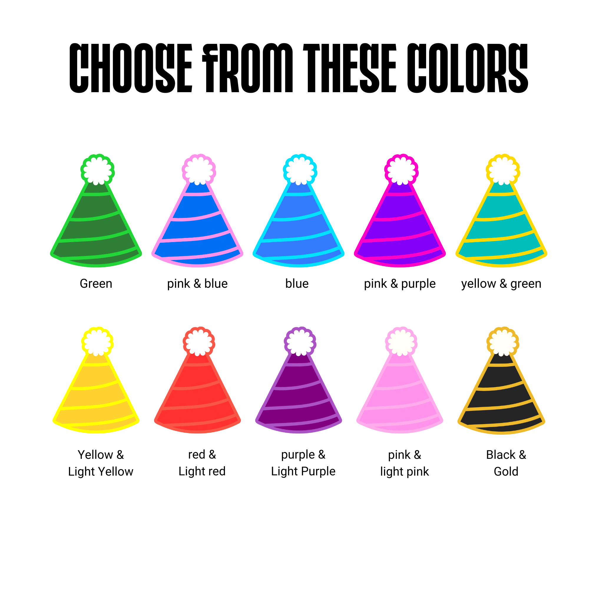 Color chart for party hats with various color combinations on a white background.