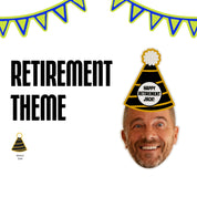 Cardboard cutout of a man wearing a retirement-themed party hat with text 'Happy Retirement Jack!' on a white background with blue and green bunting.