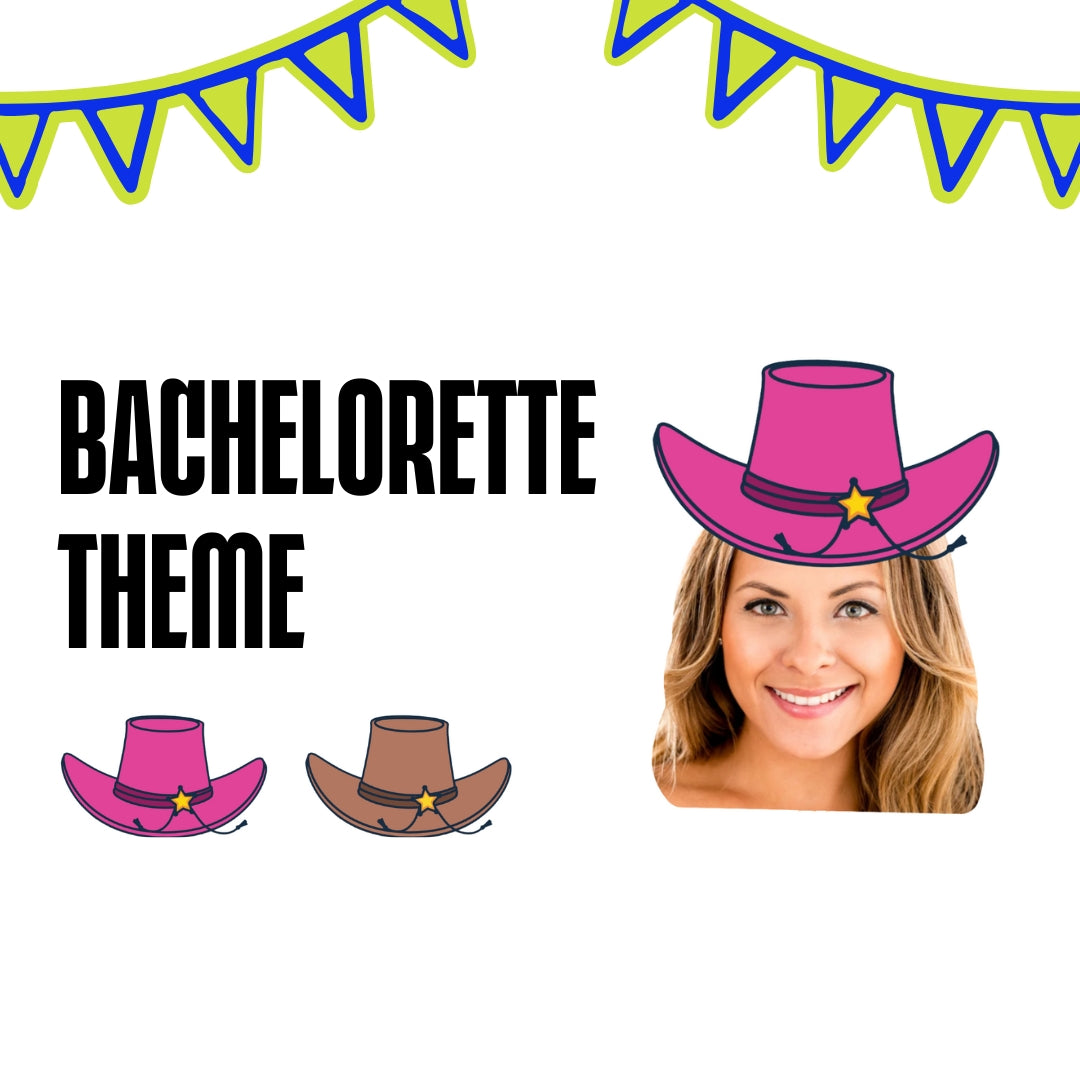 Woman wearing a pink cowboy hat with 'Bachelorette Theme' text and hats illustrations on a white background.