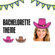 Woman wearing a pink cowboy hat with 'Bachelorette Theme' text and hats illustrations on a white background.