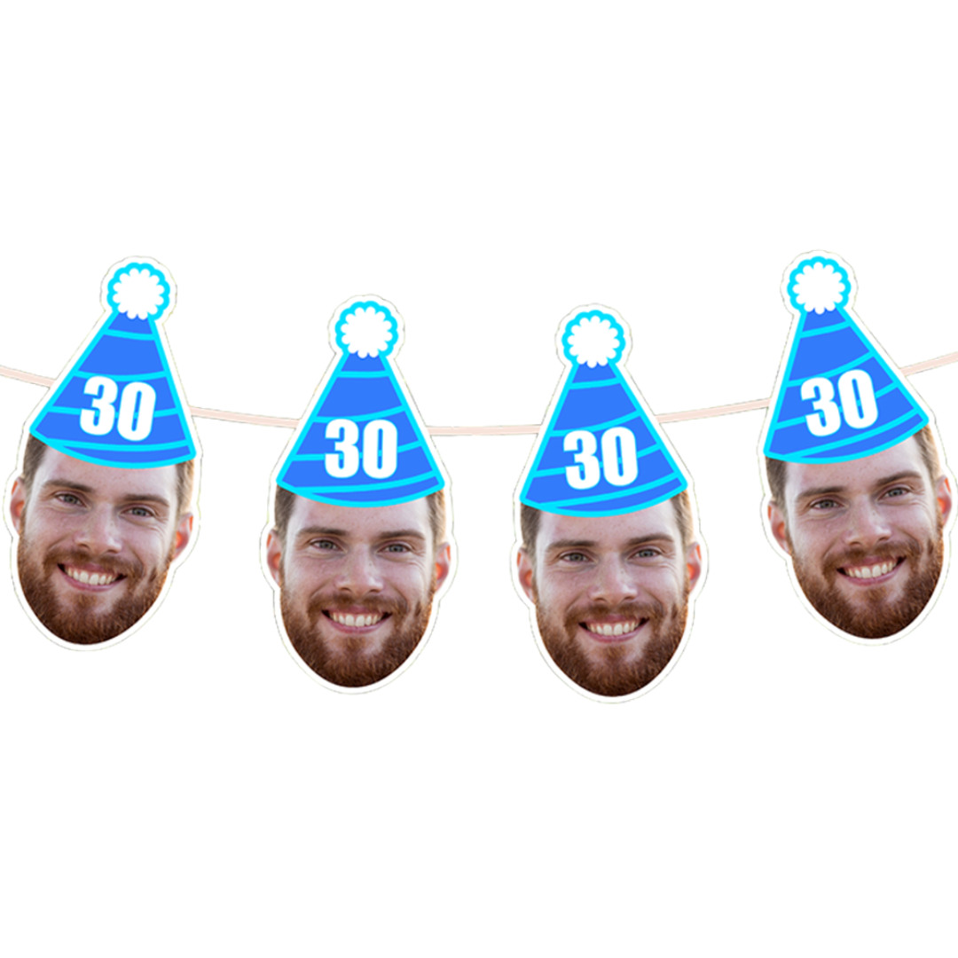 Four blue party hats with '30' on a white background, featuring cutouts of a man's face.