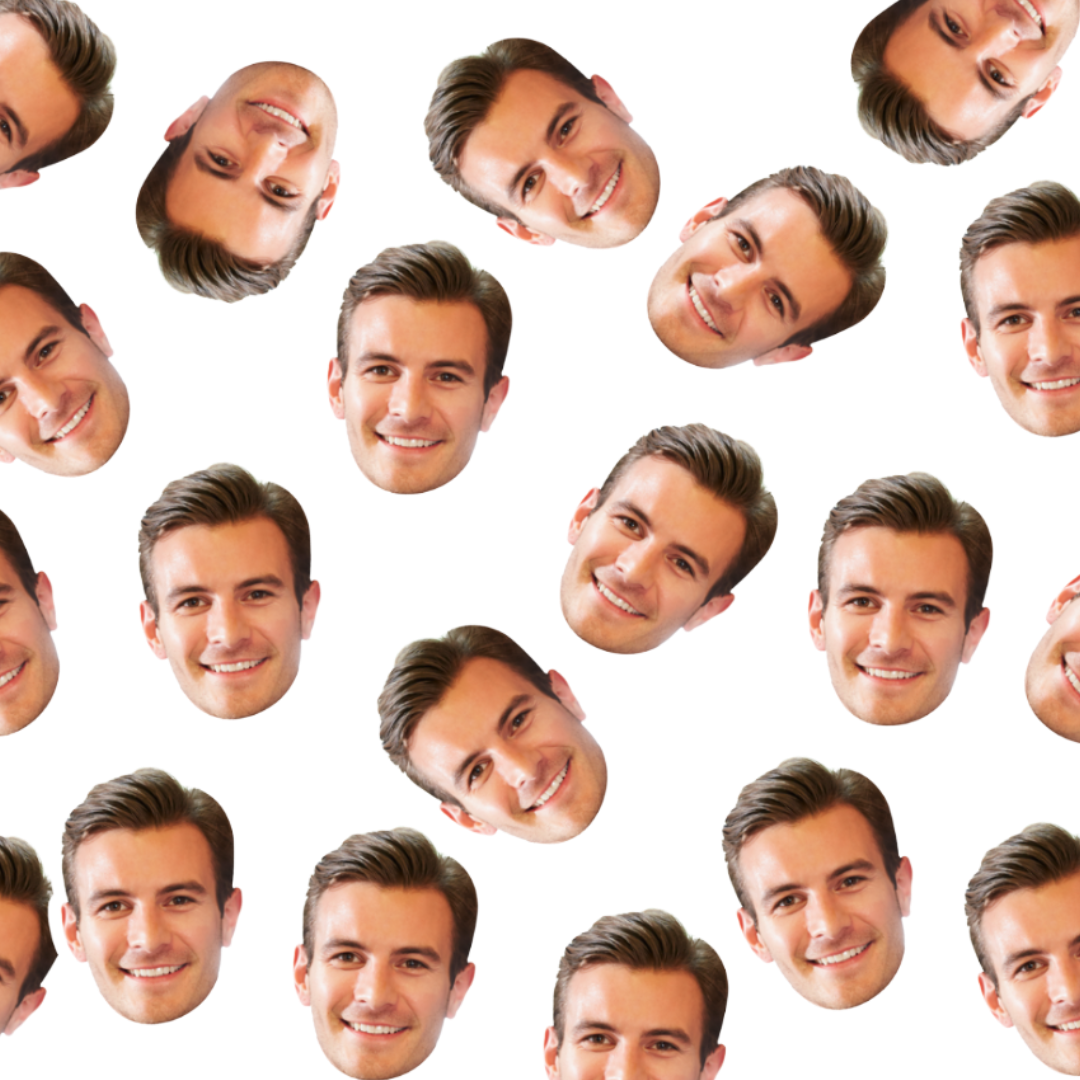 Repetition of a man's face with a smile on a white background