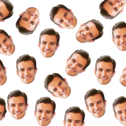 Repetition of a man's face with a smile on a white background