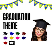 Graduation-themed design with a person wearing a graduation cap, colorful options below, and bunting at the top.