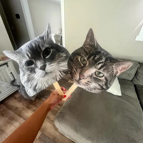 Two cat face masks on sticks held by a person in a living room.