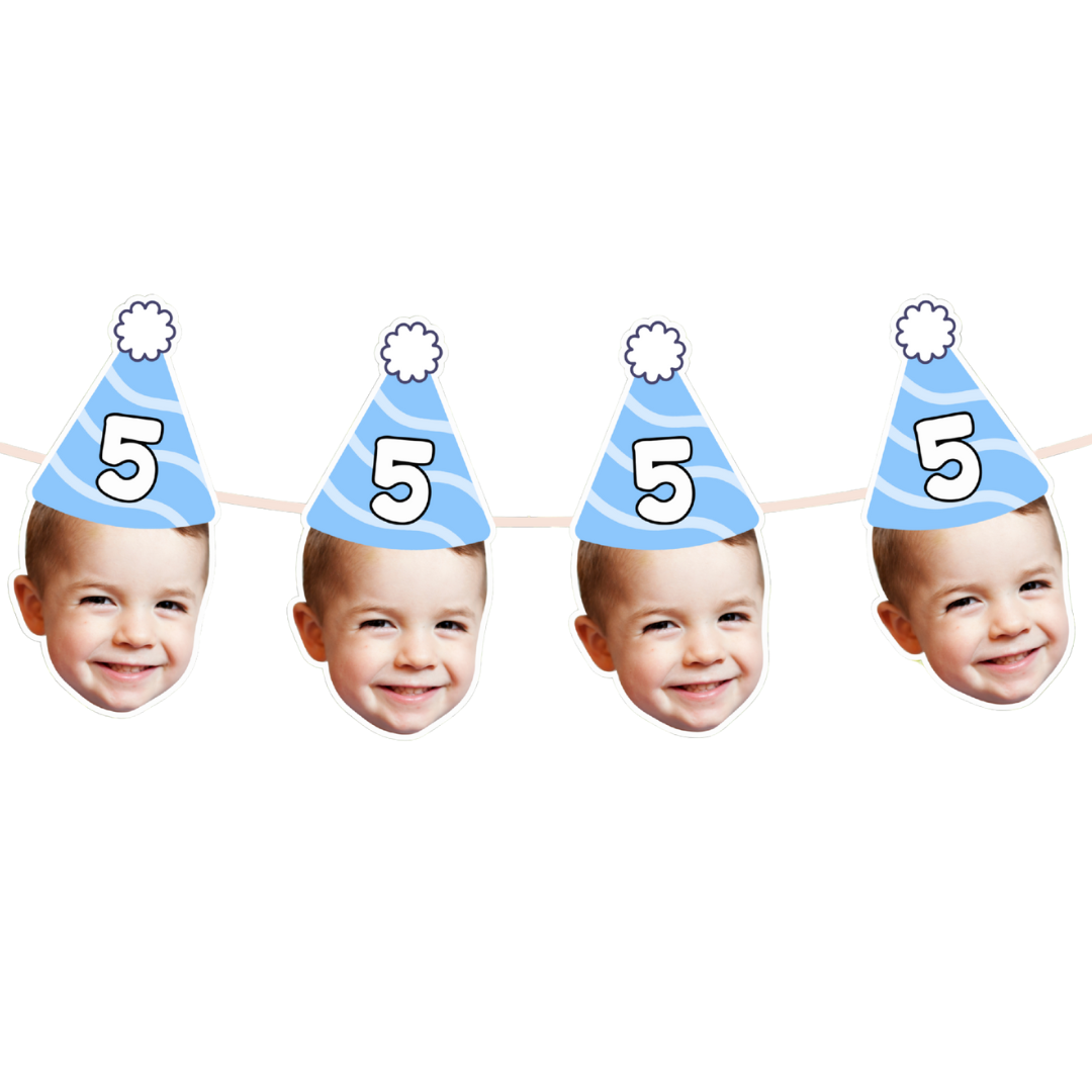 Four children wearing blue birthday hats with the number 5 on a white background