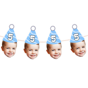 Four children wearing blue birthday hats with the number 5 on a white background