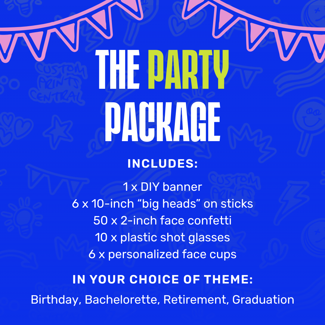 Promotional graphic for a party package with text and decorative elements on a blue background.