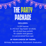 Promotional graphic for a party package with text and decorative elements on a blue background.